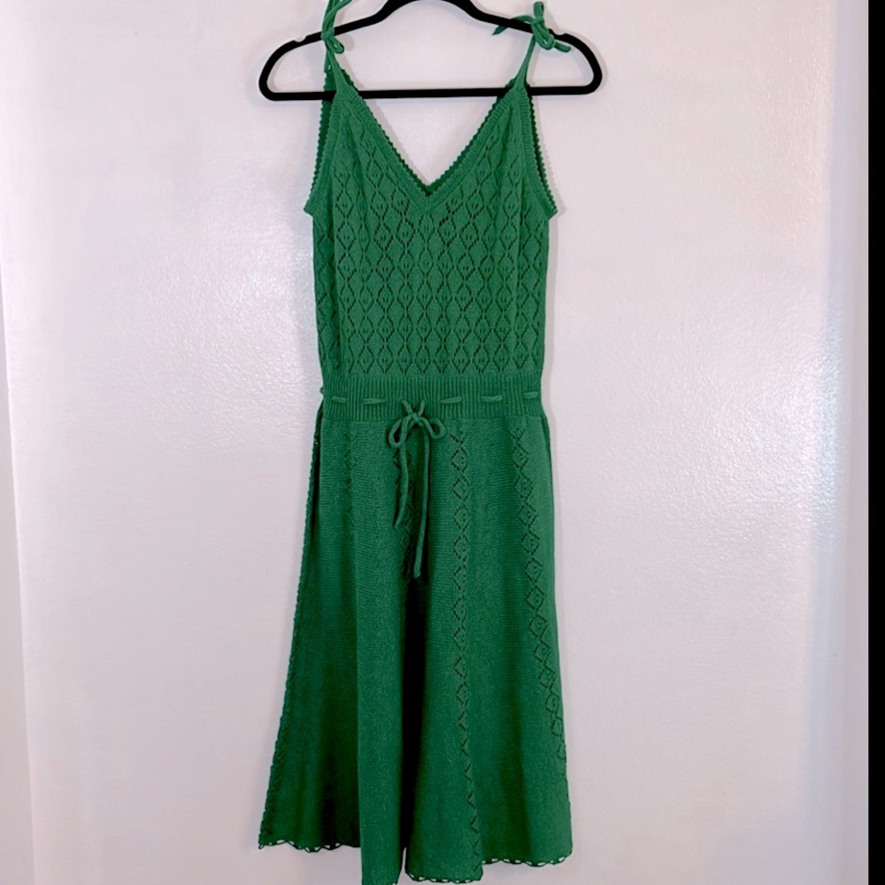 Vintage green knit A line dress ties at shoulder sundress midi feminine - Picture 2 of 14